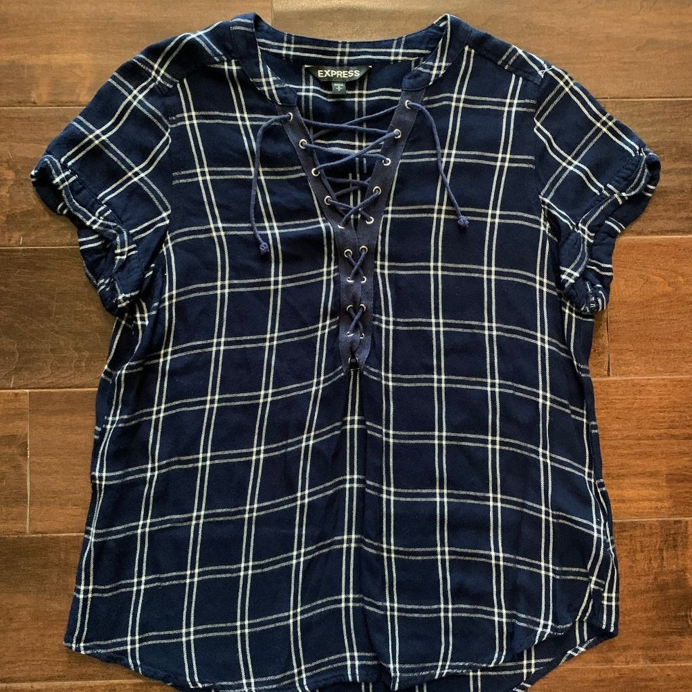 Express Women's Blue and White Plaid Lace-Up Top Size Small